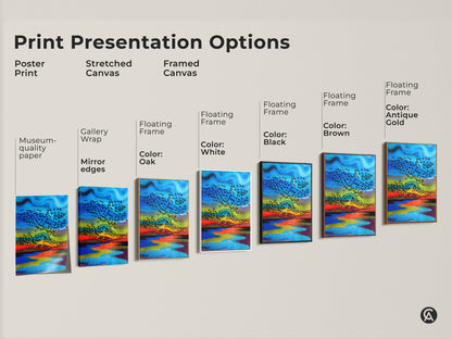 Print presentation options showing poster prints stretched canvas and framed canvas artwork. Colors include black brown antique gold and white. Find the perfect abstract bird art for bedroom decor and home aesthetic.