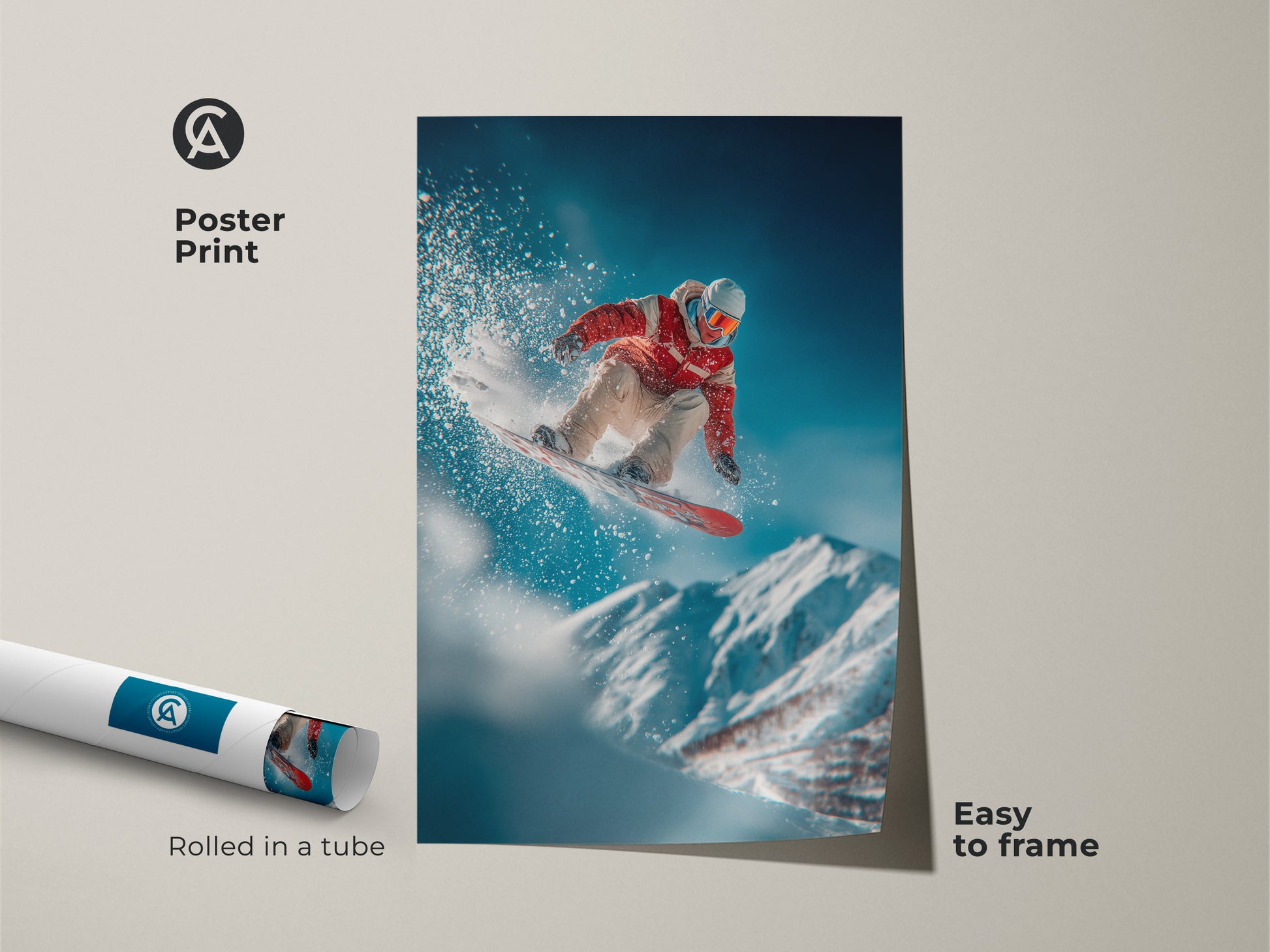This poster print features a snowboarder mid-air against a mountain backdrop. Rolled in a tube it is easy to frame. Ideal for adding a sporty touch to any space. A great choice for action sports art.