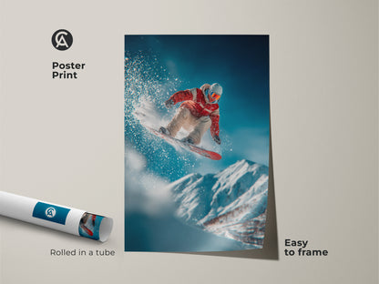 This poster print features a snowboarder mid-air against a mountain backdrop. Rolled in a tube it is easy to frame. Ideal for adding a sporty touch to any space. A great choice for action sports art.