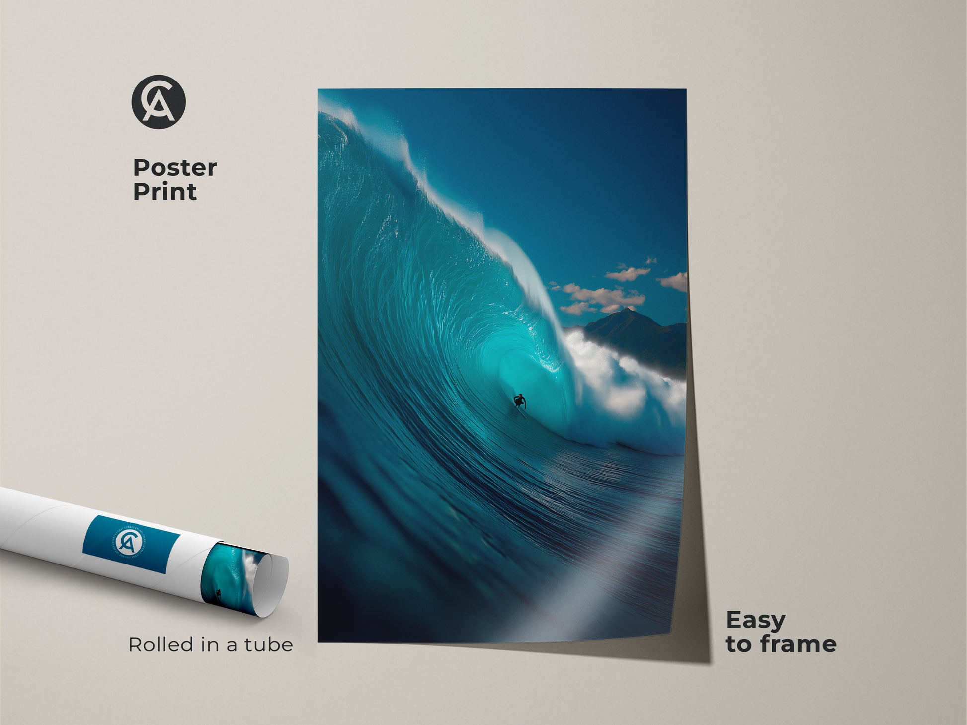 Poster print of a surfer inside a huge wave. This ocean wave artwork is printed on museum-quality paper. The surf art ships rolled in a tube. It's an easy-to-frame wall decor piece.