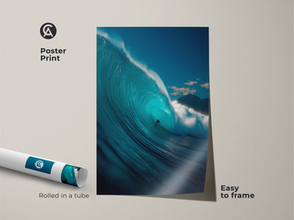 Poster print of a surfer inside a huge wave. This ocean wave artwork is printed on museum-quality paper. The surf art ships rolled in a tube. It's an easy-to-frame wall decor piece.