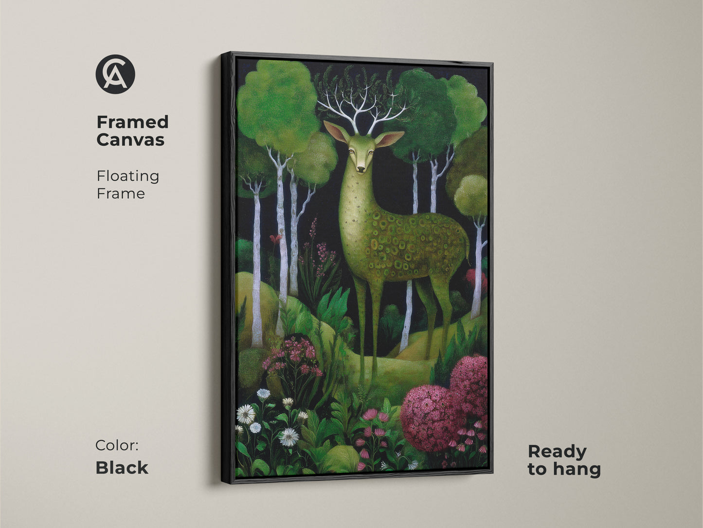 Framed canvas with a black floating frame showing a green deer forest art print. This boho woodland animal canvas features emerald and deep green tones. Ready to hang and enjoy.