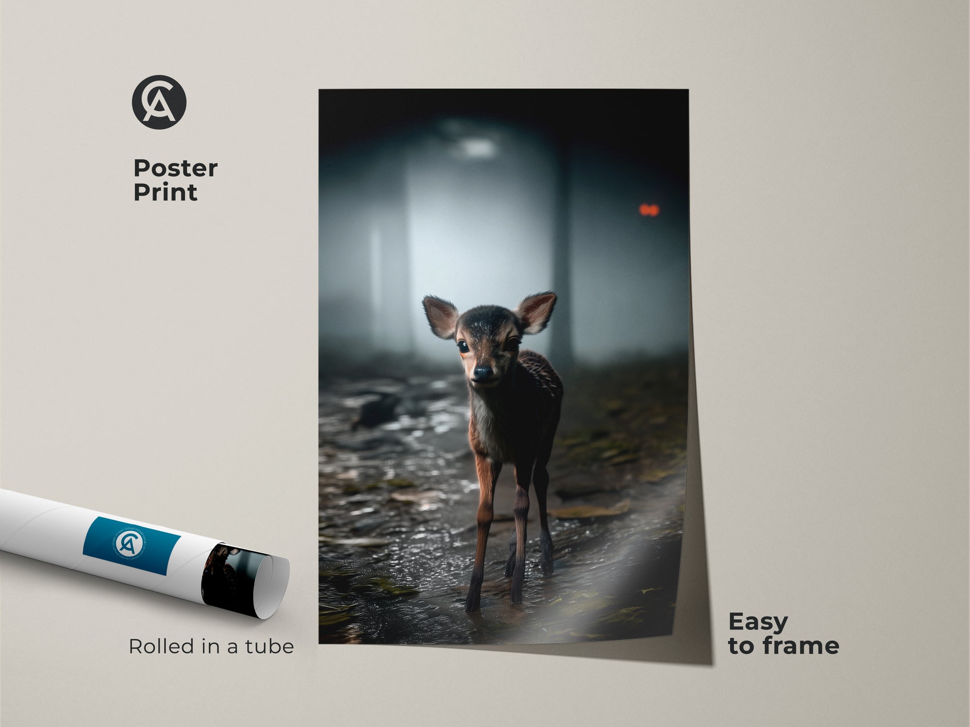 This poster print captures a photorealistic baby deer in a misty forest. Easy to frame it offers rustic woodland charm for any room. Rolled in a tube this fawn artwork makes a delightful earthy tones home decor addition. Ideal nature inspired wall art.
