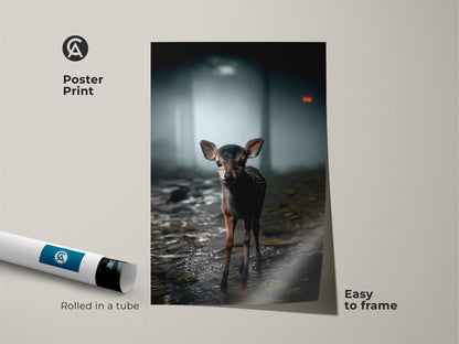 This poster print captures a photorealistic baby deer in a misty forest. Easy to frame it offers rustic woodland charm for any room. Rolled in a tube this fawn artwork makes a delightful earthy tones home decor addition. Ideal nature inspired wall art.