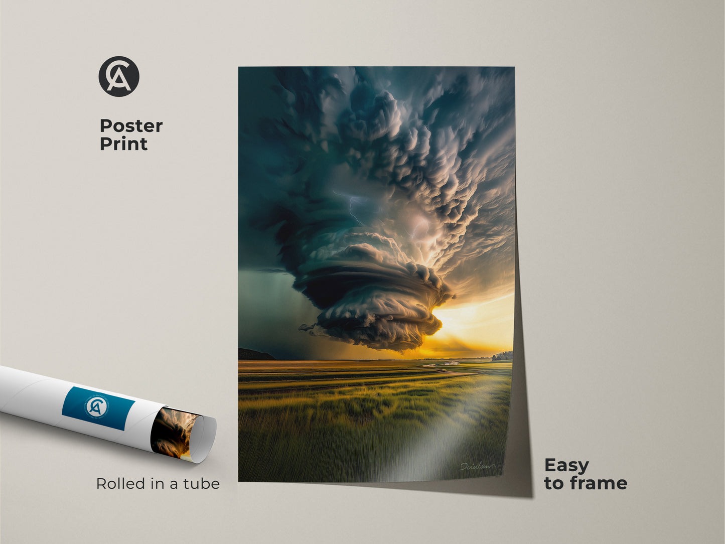 Museum-quality paper poster print of a dramatic teal and yellow tornado landscape. The nature artwork is rolled in a tube and easy to frame. This adventurous storm print makes a unique housewarming gift. Add modern wall decor to your bedroom or living room.