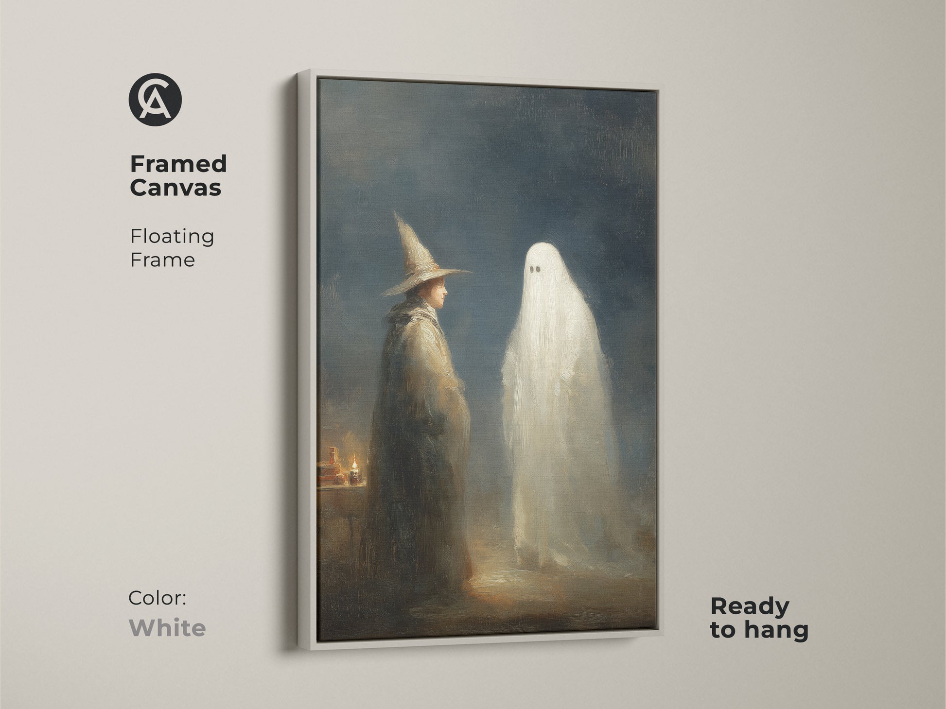 Framed canvas featuring a gothic wizard and ghost in a white floating frame. Ready to hang this supernatural fantasy art. The dark academia style complements any room. Perfect for eclectic gothic home decor.