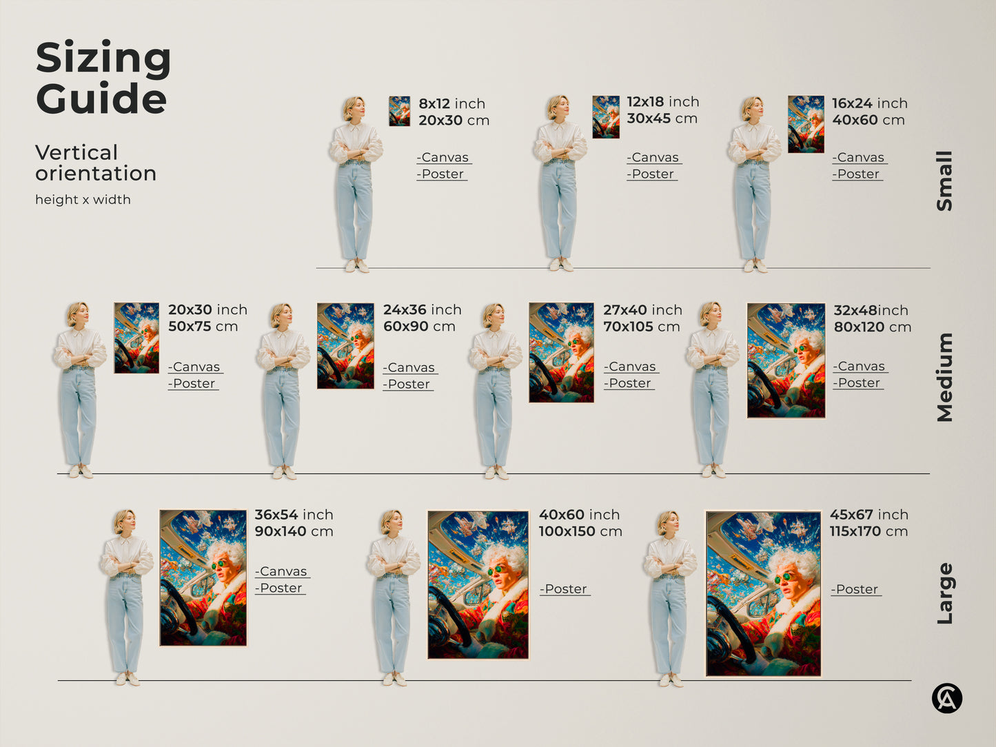 View our sizing guide for this artwork. See how the art looks in different sizes. From small to large we have options for any space. The artwork features a driver with spaceships in the sky. Find the ideal fit for your wall.