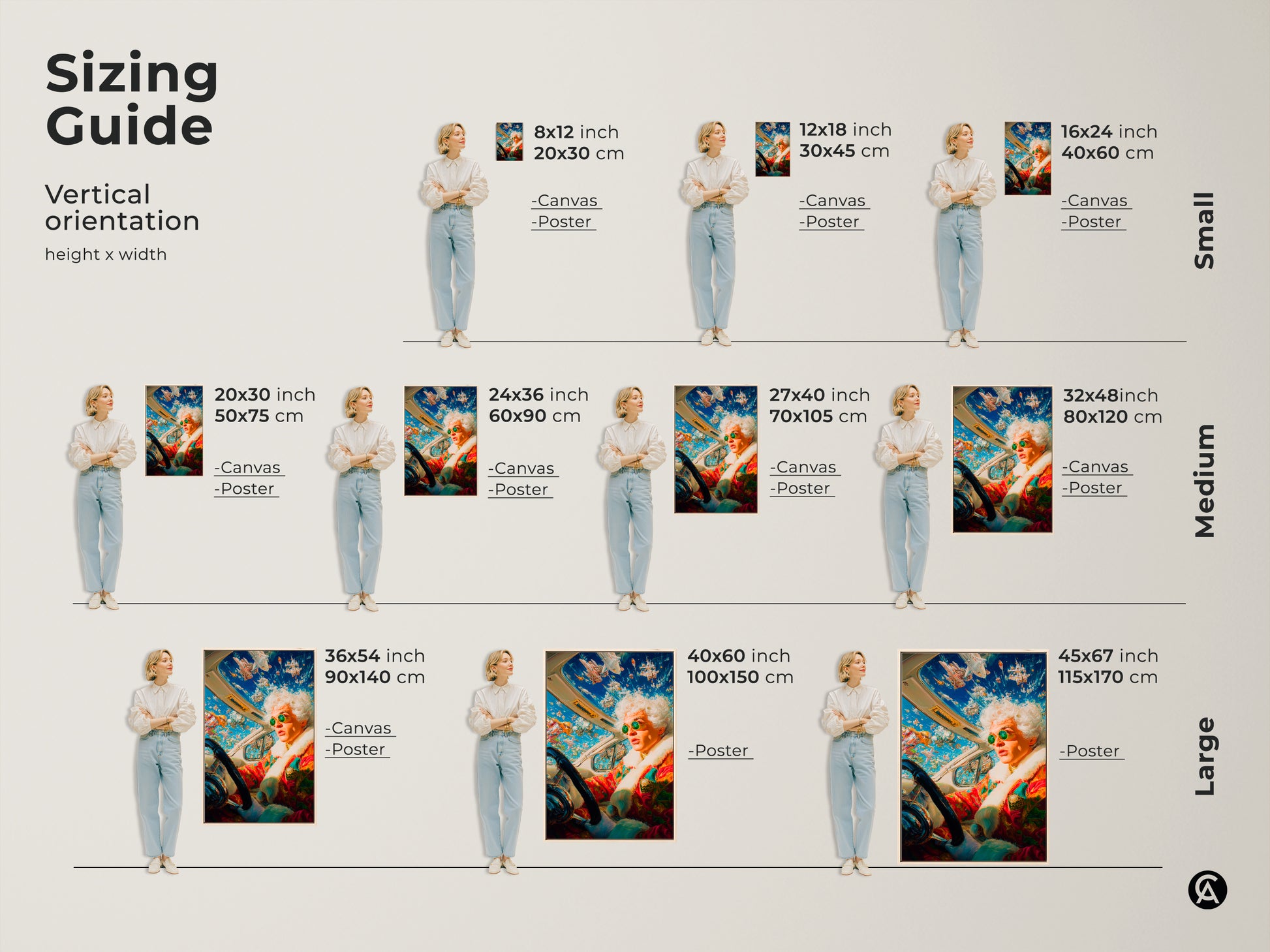 View our sizing guide for this artwork. See how the art looks in different sizes. From small to large we have options for any space. The artwork features a driver with spaceships in the sky. Find the ideal fit for your wall.
