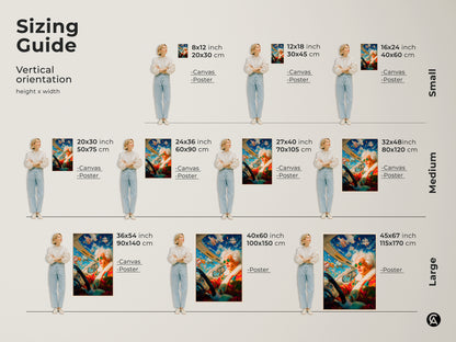 View our sizing guide for this artwork. See how the art looks in different sizes. From small to large we have options for any space. The artwork features a driver with spaceships in the sky. Find the ideal fit for your wall.