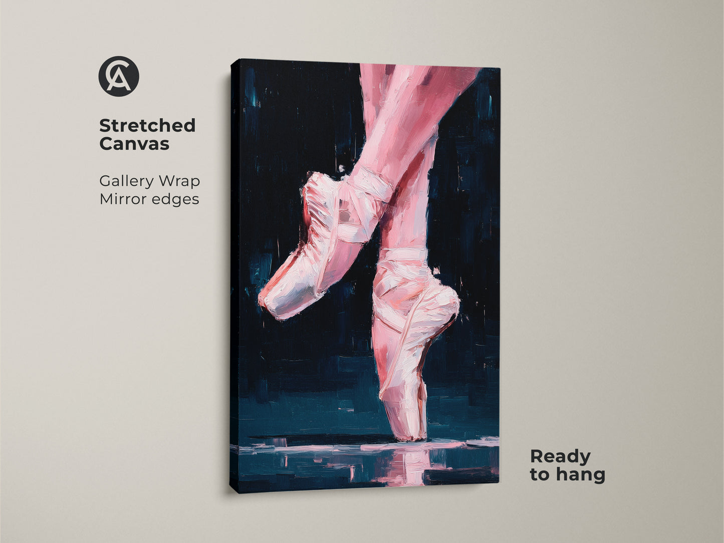 Stretched canvas gallery wrap artwork. The ballerina feet art has mirrored edges and is ready to hang. The painting depicts pink feet and white ballet slippers. Perfect wall decor for dance enthusiasts.