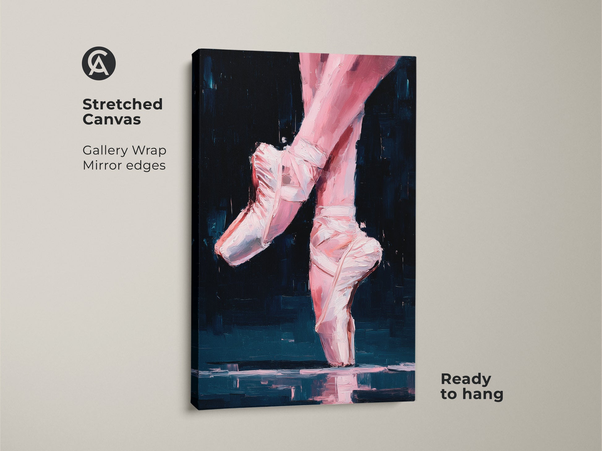 Stretched canvas gallery wrap artwork. The ballerina feet art has mirrored edges and is ready to hang. The painting depicts pink feet and white ballet slippers. Perfect wall decor for dance enthusiasts.