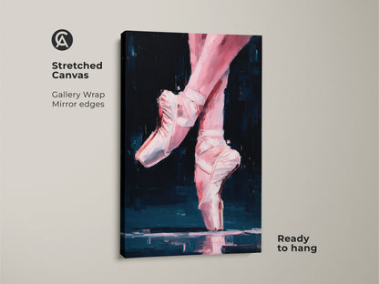 Stretched canvas gallery wrap artwork. The ballerina feet art has mirrored edges and is ready to hang. The painting depicts pink feet and white ballet slippers. Perfect wall decor for dance enthusiasts.
