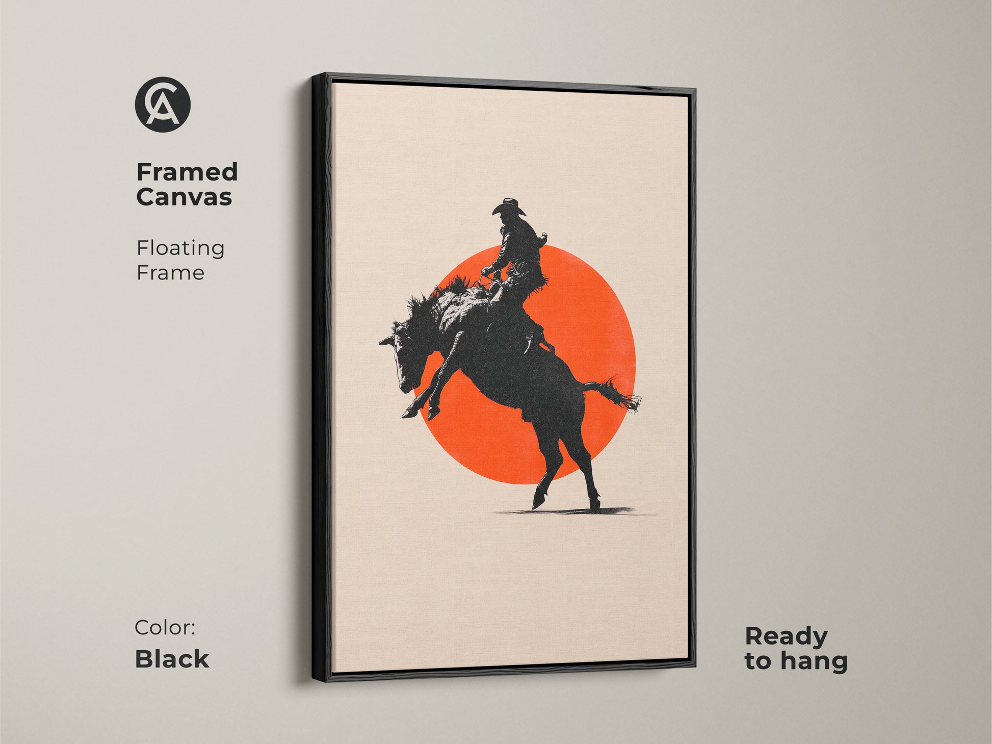 Framed canvas art of a cowboy on a bucking horse. The floating frame is black and ready to hang. The minimalist rodeo art is a great man cave gift. A perfect addition to modern farmhouse decor.