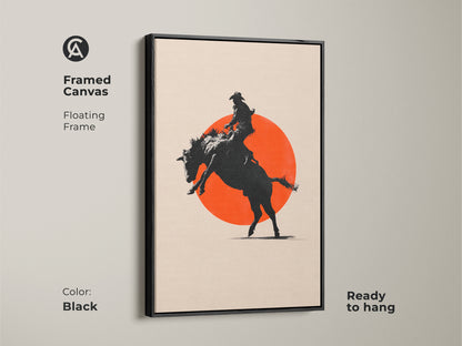 Framed canvas art of a cowboy on a bucking horse. The floating frame is black and ready to hang. The minimalist rodeo art is a great man cave gift. A perfect addition to modern farmhouse decor.