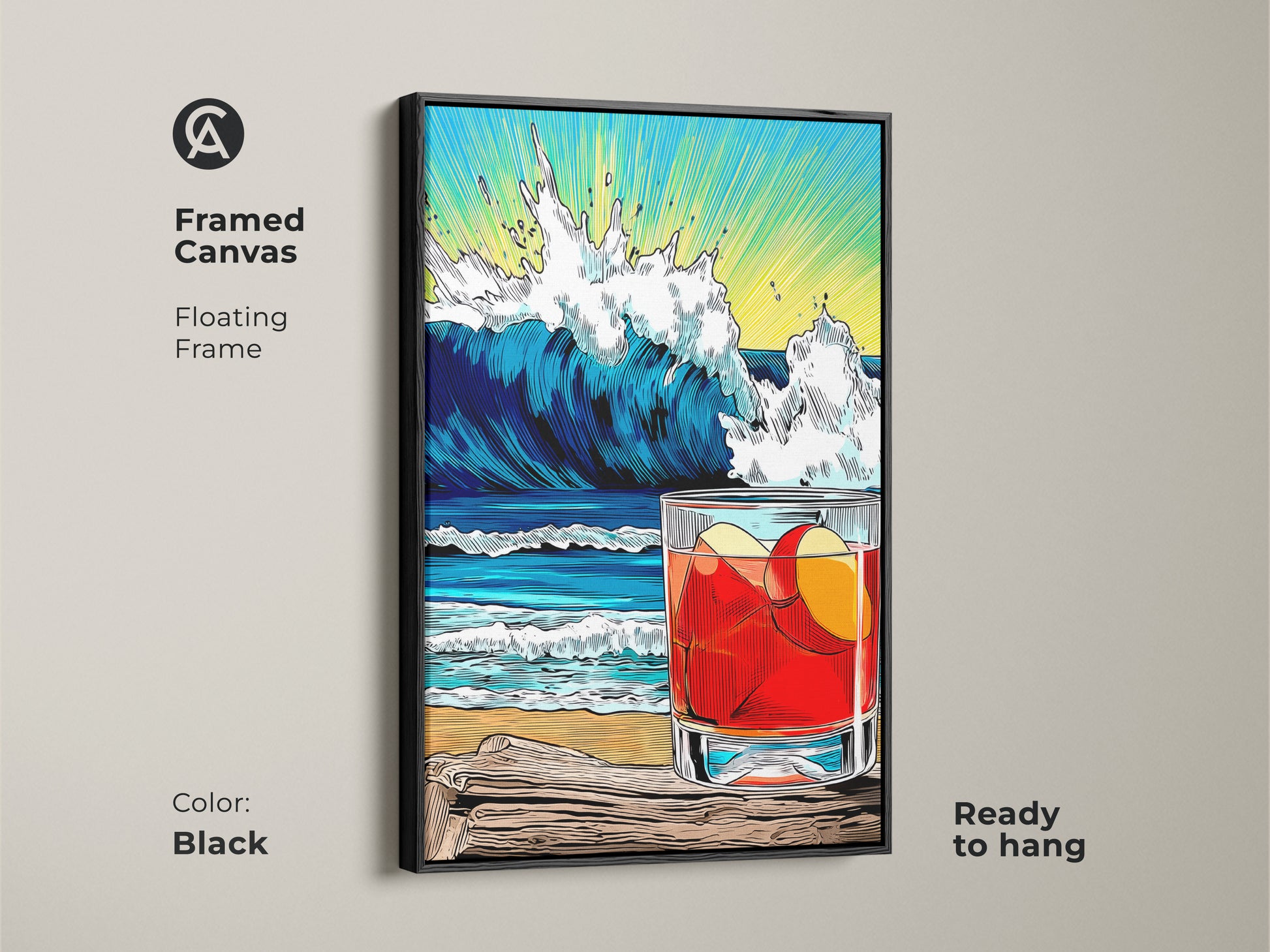 Black Framed Canvas Beach Wave Drink artwork. A floating frame around pop artwork ocean poster. Coastal retro artwork for kitchen bar decor. Ready to hang in your beach house.