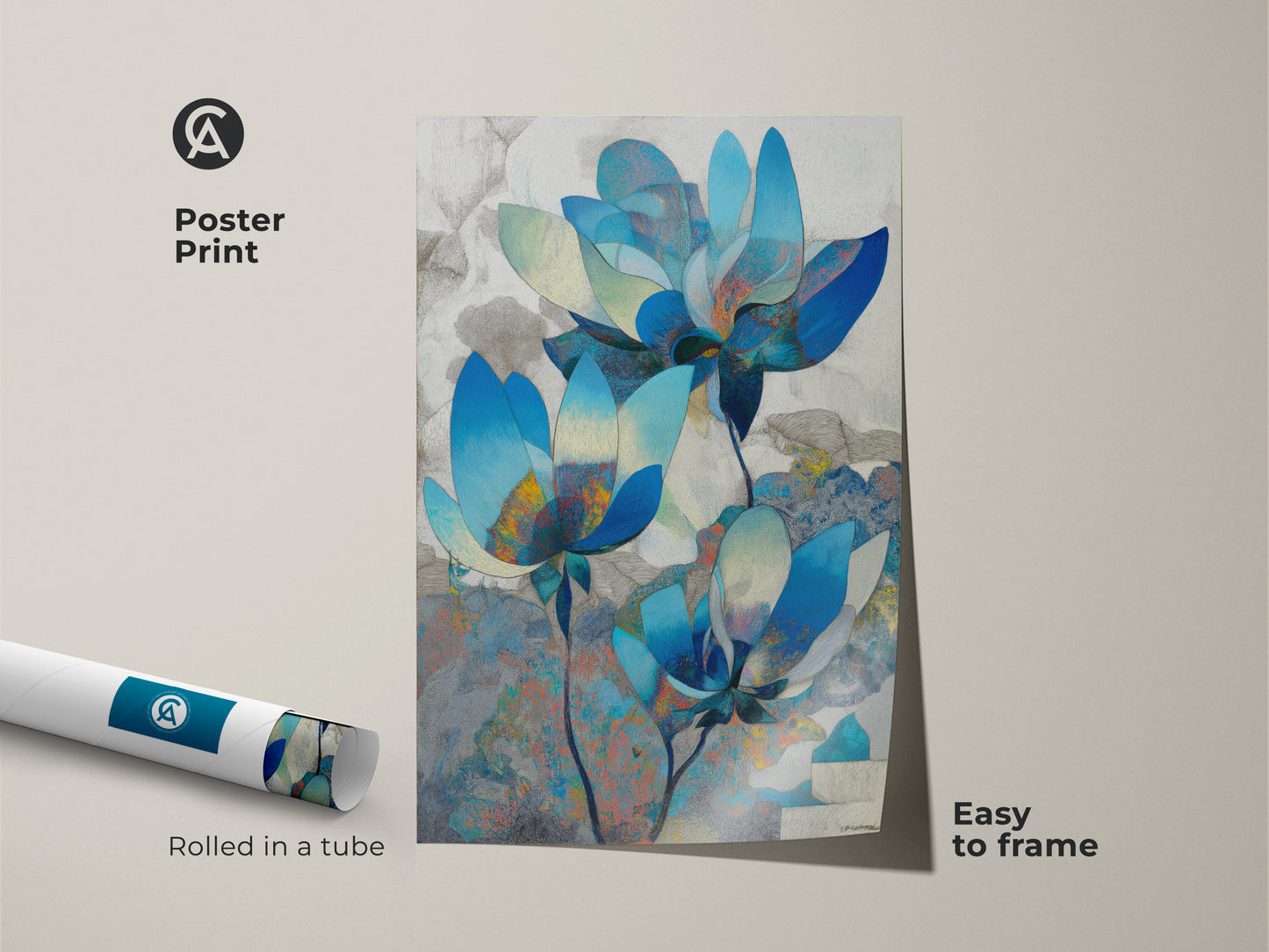 Poster print of abstract magnolia artwork rolled in a tube. Contemporary blue floral art is easy to frame. Perfect minimalist floral art print for any room or office wall.