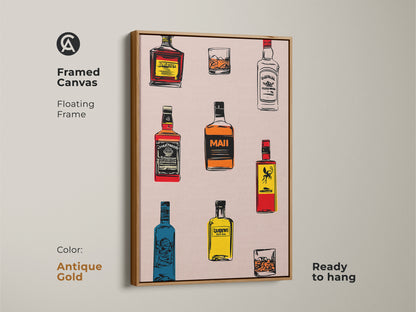 A framed canvas with a floating frame shows retro bar wall art. An antique gold frame holds whiskey bottle art. The cocktail glass poster is ready to hang. It's unique bar artwork.