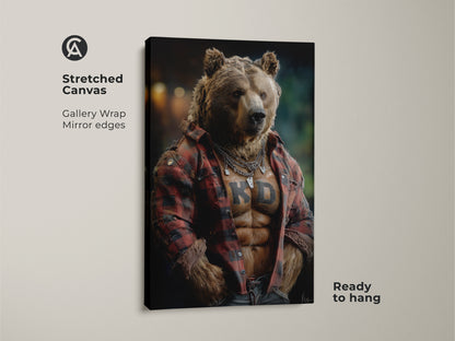 Stretched canvas featuring a surreal animal artwork. The gallery wrapped canvas shows a bear in a flannel shirt. It is ready to hang. This eclectic home decor is a great rustic man cave gift or for a bear lover.
