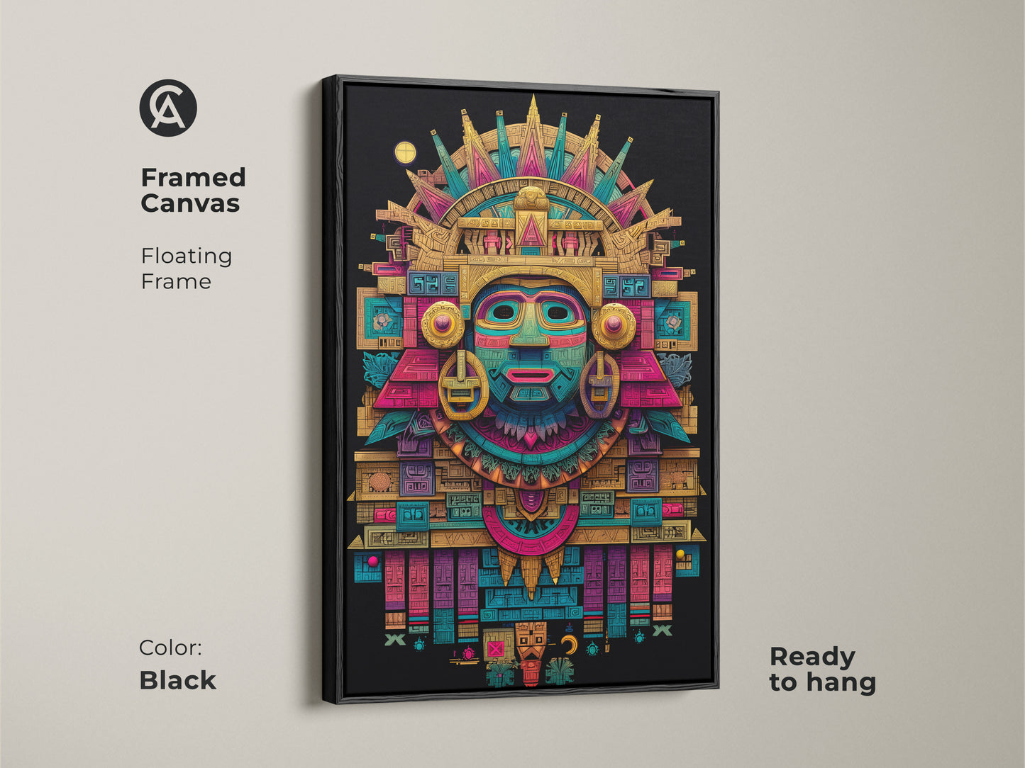 Framed canvas of Mayan mask art with a black floating frame. The artwork features intricate geometric patterns and a sunburst crown. This framed art adds a touch of cultural elegance to your home decor. Ready to hang.