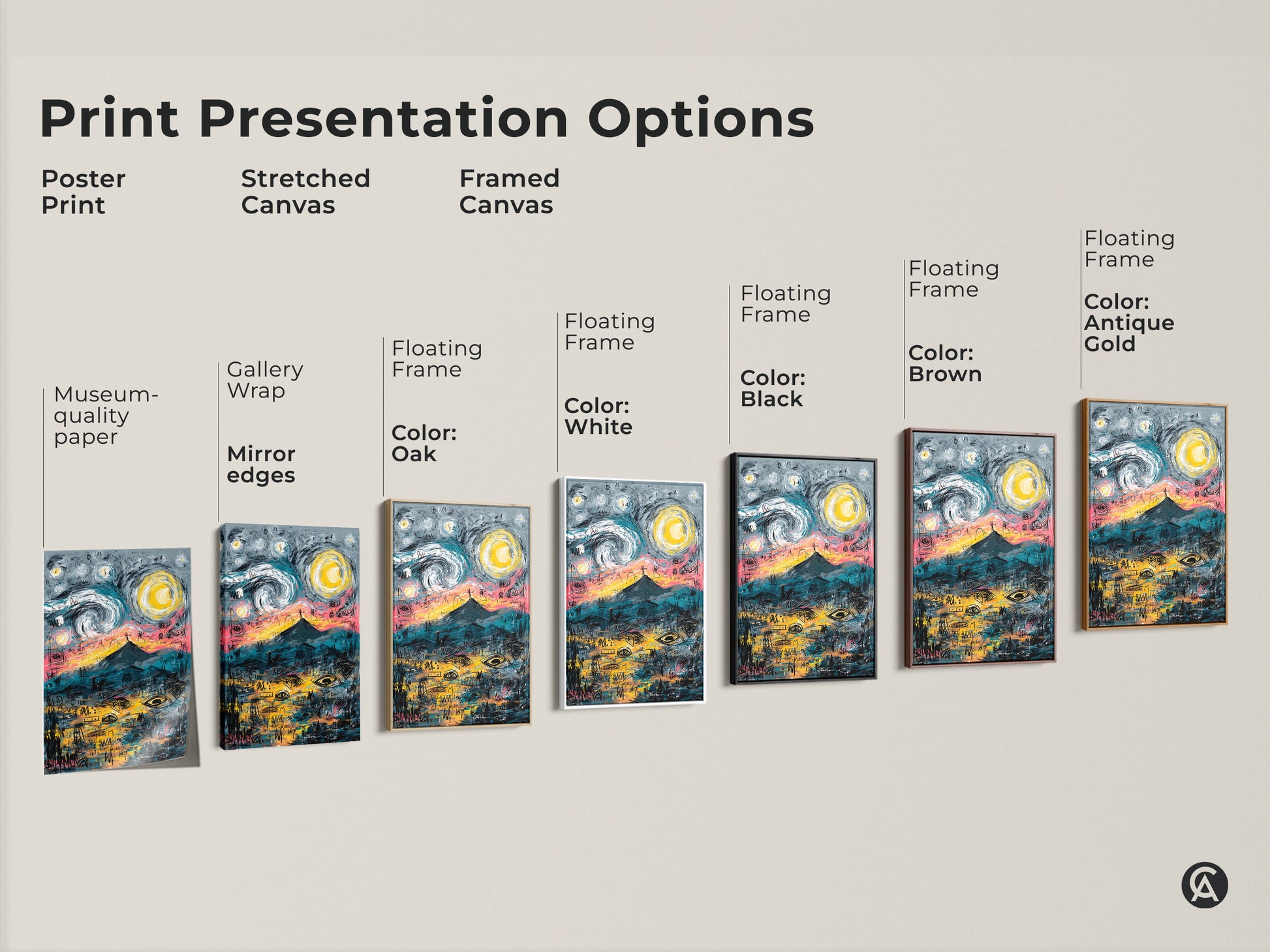 Print presentation options for art prints. Choose from poster prints stretched canvas or framed canvas. Options include floating frames in various colors. Find museum-quality art prints for sale.