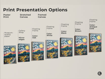 Print presentation options for art prints. Choose from poster prints stretched canvas or framed canvas. Options include floating frames in various colors. Find museum-quality art prints for sale.