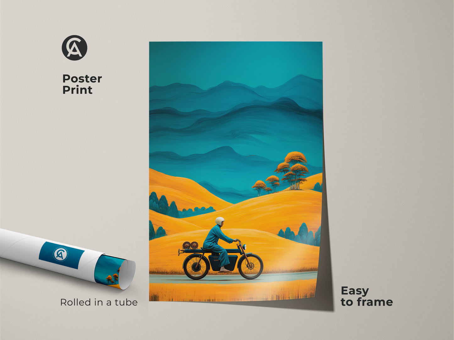 Poster print of golden yellow hills wall art. A retro motorcycle rider is set against teal blue mountains. The Mid-Century Modern art is rolled in a tube. Easy to frame this adventure travel poster and makes a unique wall decor.