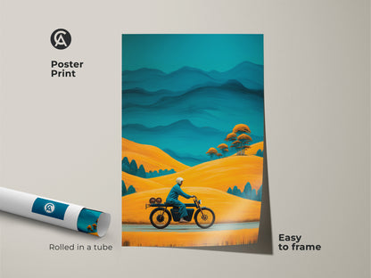 Poster print of golden yellow hills wall art. A retro motorcycle rider is set against teal blue mountains. The Mid-Century Modern art is rolled in a tube. Easy to frame this adventure travel poster and makes a unique wall decor.