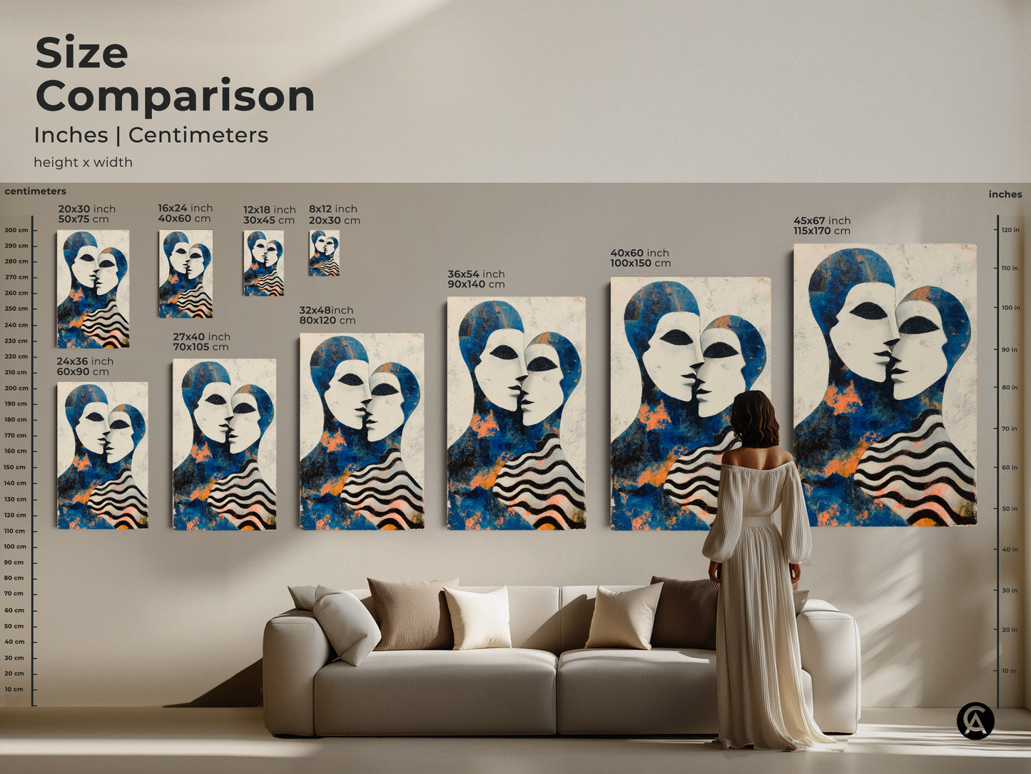 A black framed canvas featuring an abstract couple. This artwork is a modern piece of figurative art. The blue white canvas is a unique anniversary gift for couples. Add an eclectic vibe to your home with this portrait print.