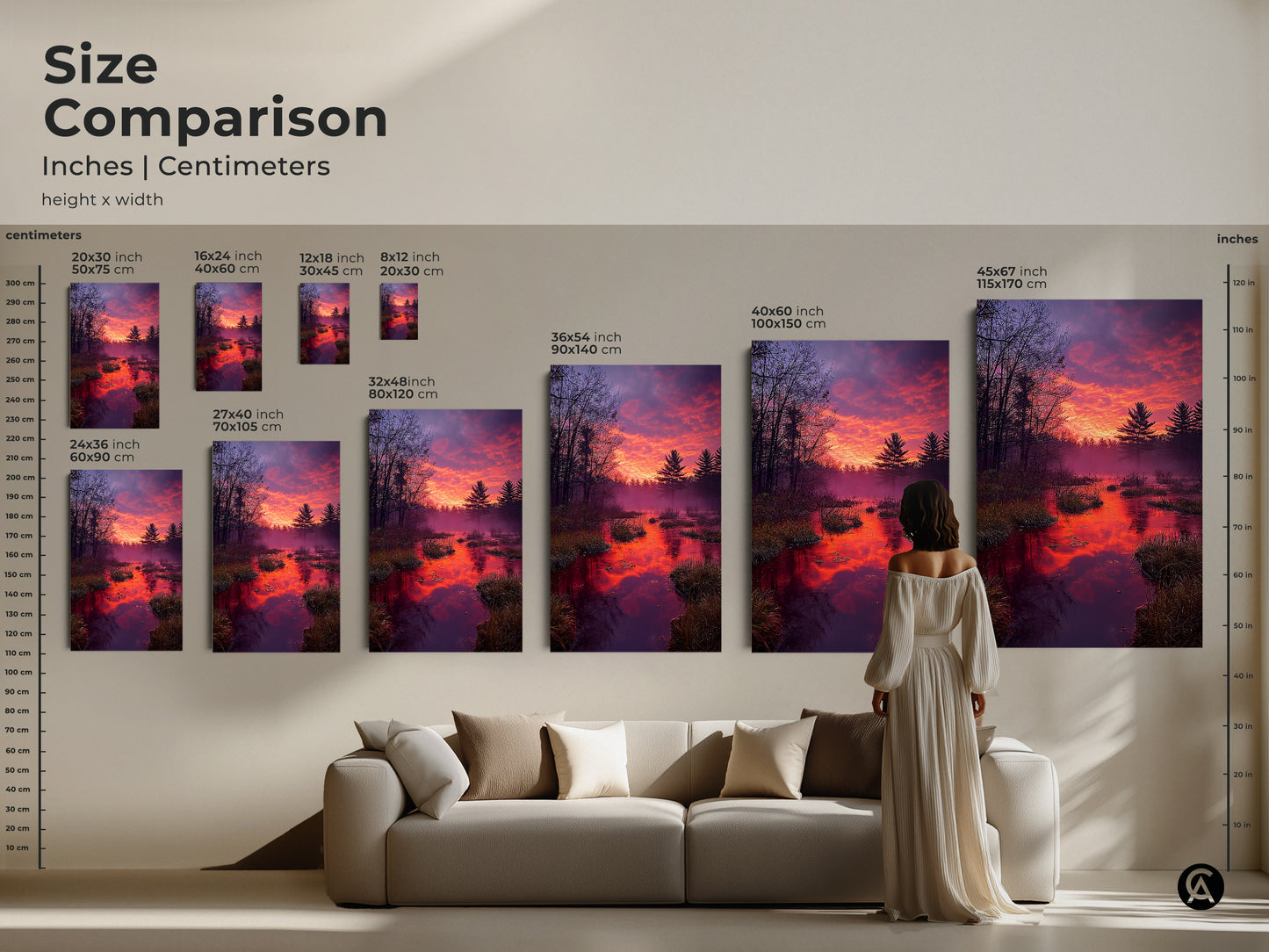 Size comparison of a rustic forest sunset print. Orange and purple sky art with pine trees reflected in the water. Available in multiple sizes to fit any space. See how this nature landscape artwork looks above a sofa. A perfect home decor gift for nature lovers. Enhance your living room with this vibrant art.