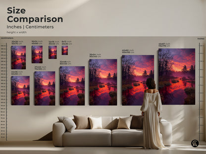 Size comparison of a rustic forest sunset print. Orange and purple sky art with pine trees reflected in the water. Available in multiple sizes to fit any space. See how this nature landscape artwork looks above a sofa. A perfect home decor gift for nature lovers. Enhance your living room with this vibrant art.