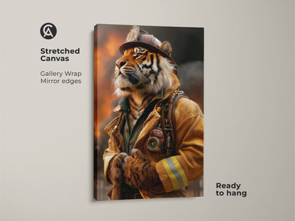 Stretched canvas of a tiger firefighter art print. The gallery wrap canvas features mirror edges and is ready to hang. This heroic animal canvas adds character to any room. It is an ideal gift for fans of fantasy animal artwork and firefighter themes.