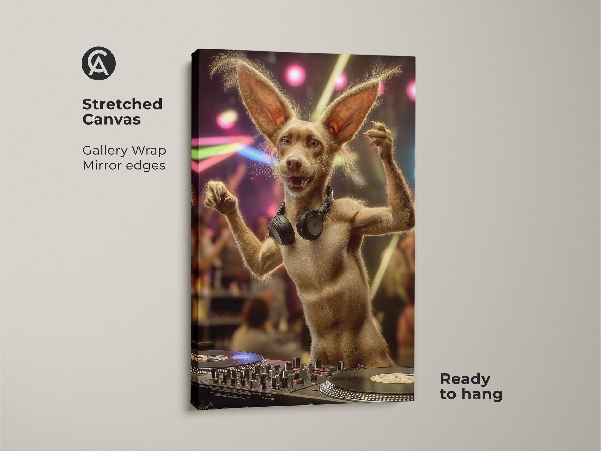 A stretched canvas gallery wrap of the funny DJ dog art. Ready to hang with mirror edges. This eclectic animal wall art is the perfect gift for music lovers. Great for home bar.