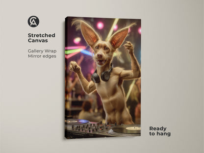 A stretched canvas gallery wrap of the funny DJ dog art. Ready to hang with mirror edges. This eclectic animal wall art is the perfect gift for music lovers. Great for home bar.