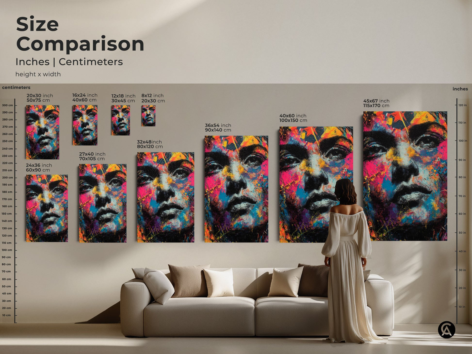Size comparison of canvas and poster prints. Visualize how different sizes look in a living room. The colorful face portrait art is shown in various dimensions. Find the ideal size for your space. Transform your home today.