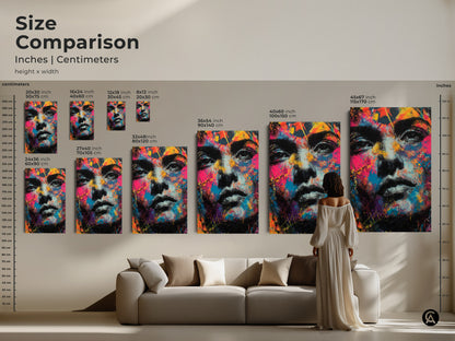 Size comparison of canvas and poster prints. Visualize how different sizes look in a living room. The colorful face portrait art is shown in various dimensions. Find the ideal size for your space. Transform your home today.