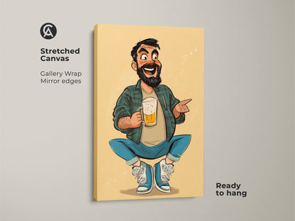 Stretched canvas gallery wrap of a cartoon man with beer. This funny beer lover gift is ready to hang. This man cave wall art brings decor and a smile. Perfect for pub and bar areas.