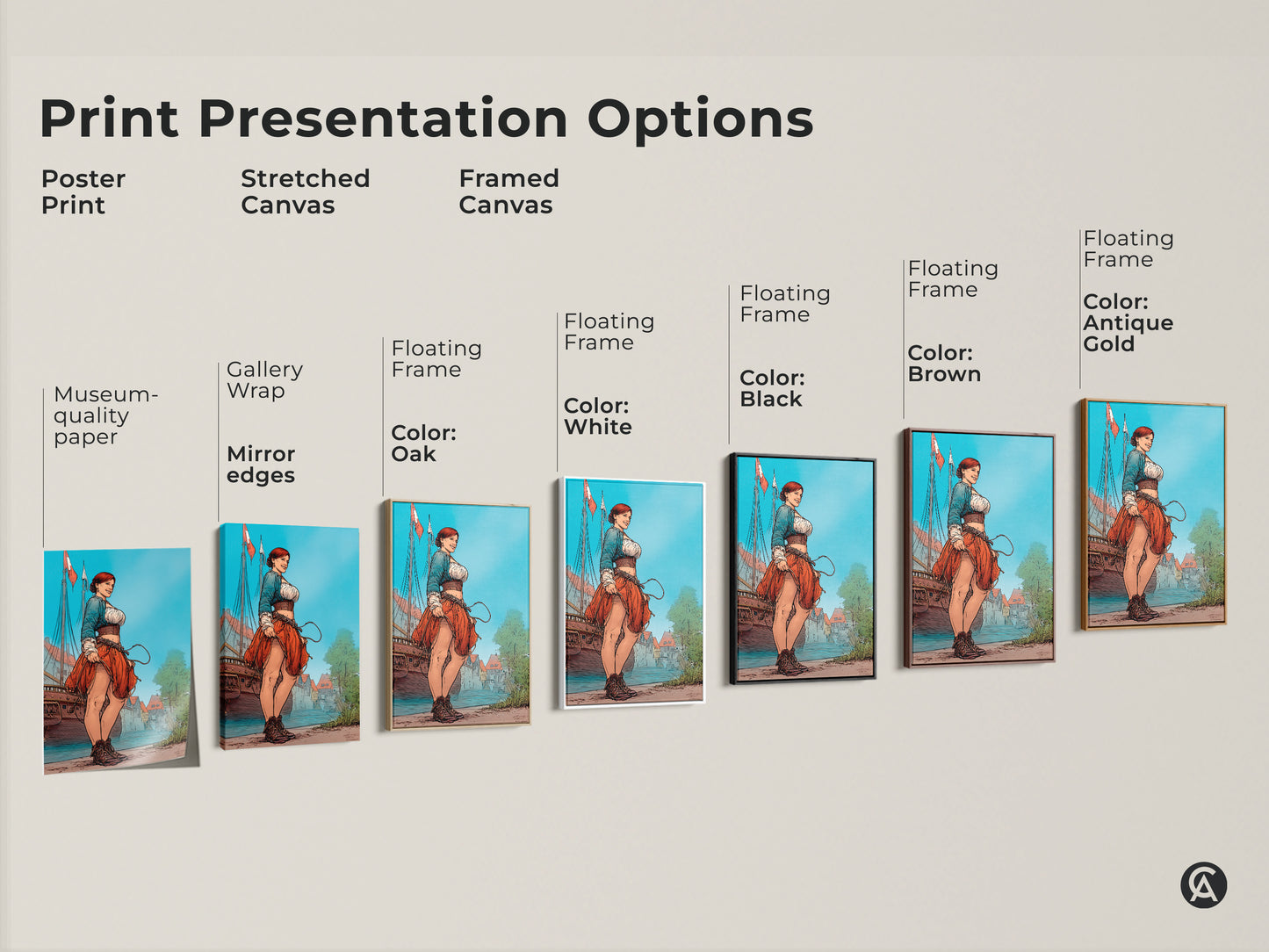 Print presentation options featuring a woman sailor canvas print. Choose from poster prints stretched canvas or framed canvas. Different colors and frame options are shown to match your nautical themed artwork.
