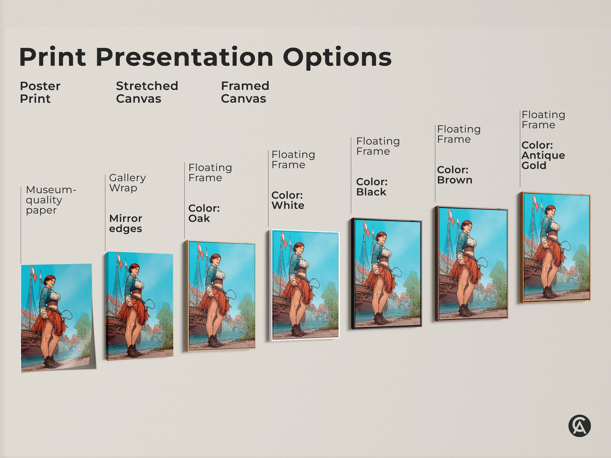 Print presentation options featuring a woman sailor canvas print. Choose from poster prints stretched canvas or framed canvas. Different colors and frame options are shown to match your nautical themed artwork.