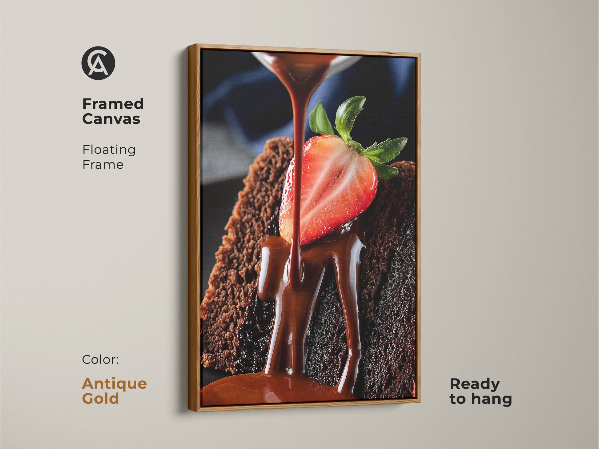 Framed canvas of rich chocolate cake art. It has a floating frame in antique gold. It is ready to hang. This gourmet dessert canvas is perfect for kitchen food photography.