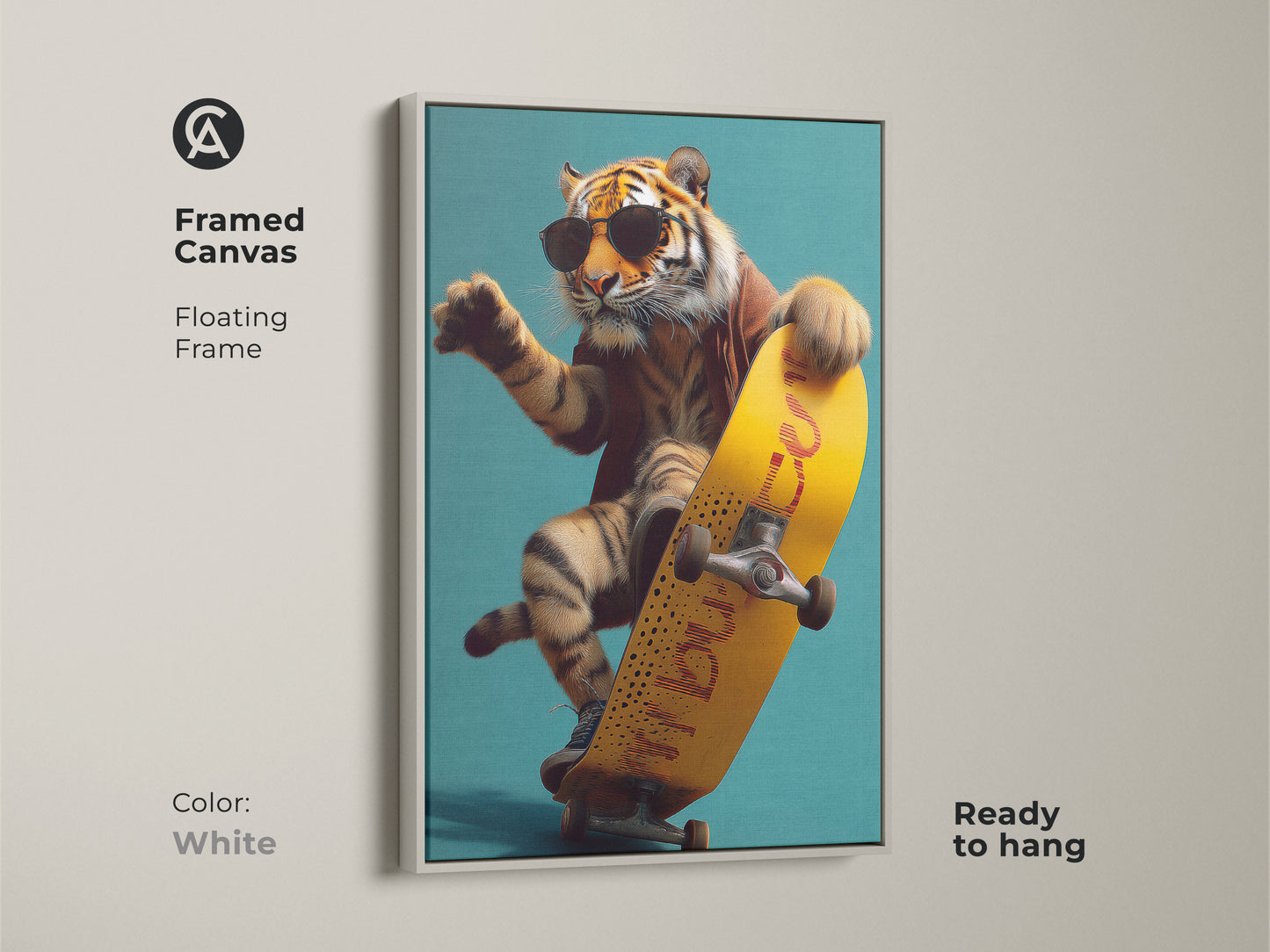 The framed Canvas is in White. It features a tiger on a yellow skateboard. It is an urban surrealism wall art piece. This cool animal artwork is ready to hang. A perfect piece of modern animal art.