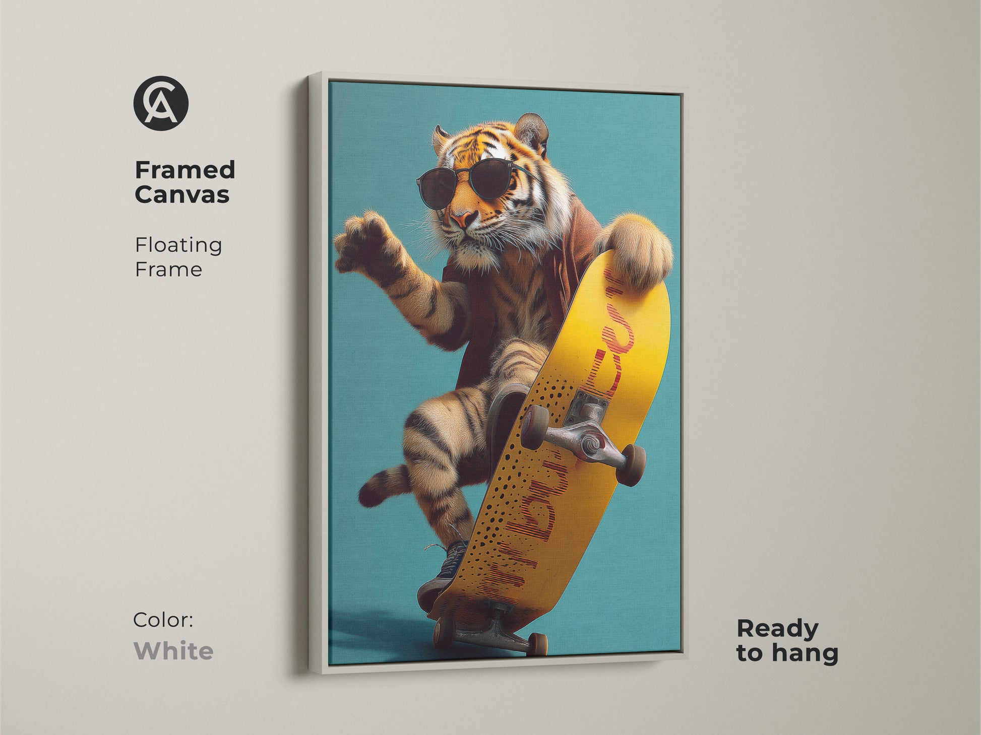 The framed Canvas is in White. It features a tiger on a yellow skateboard. It is an urban surrealism wall art piece. This cool animal artwork is ready to hang. A perfect piece of modern animal art.