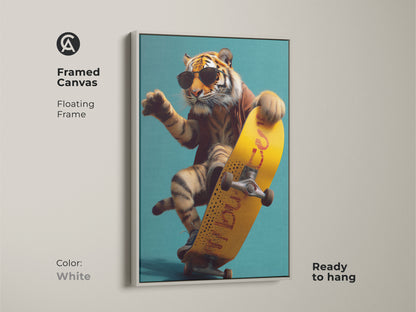 The framed Canvas is in White. It features a tiger on a yellow skateboard. It is an urban surrealism wall art piece. This cool animal artwork is ready to hang. A perfect piece of modern animal art.