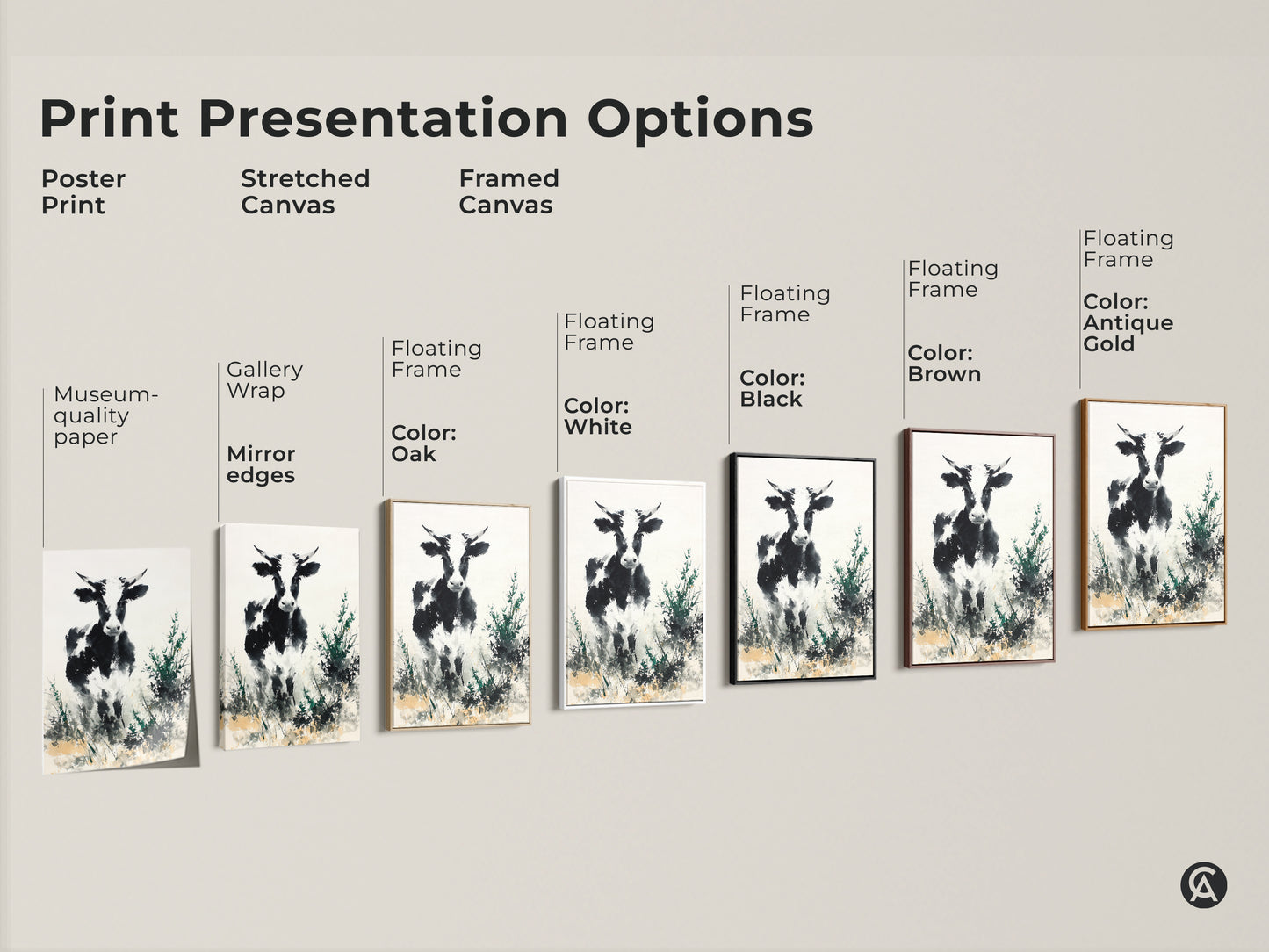Print presentation options featuring a black and white cow art. Options include poster prints stretched canvas and framed canvas. Floating frame color options include white black brown and antique gold. Choose the perfect art for your home