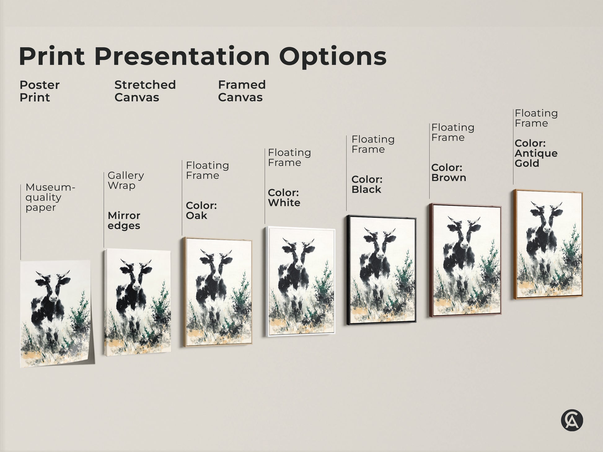 Print presentation options featuring a black and white cow art. Options include poster prints stretched canvas and framed canvas. Floating frame color options include white black brown and antique gold. Choose the perfect art for your home