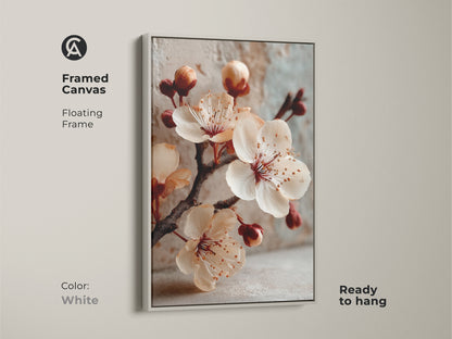 Framed canvas with a white floating frame displaying cherry blossom art. This delicate flower art print is ready to hang. The soft peach and warm brown tones enhance modern decor.