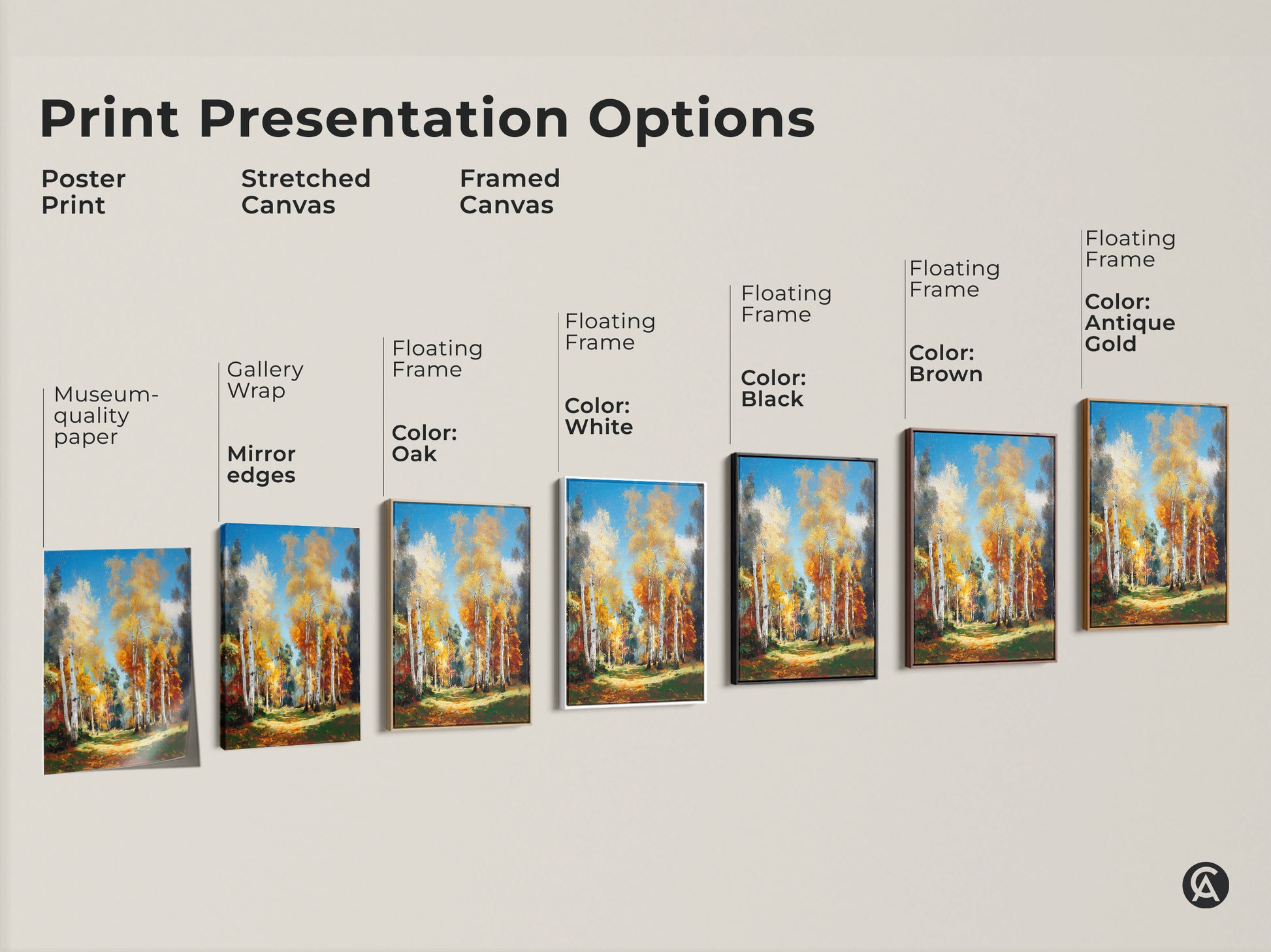 Explore print presentation options. See poster prints stretched canvases and framed canvases. Choose from floating frame colors like oak white black brown and antique gold. Find the perfect birch tree artwork to match your style. Enhance your space with beautiful art.