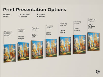 Explore print presentation options. See poster prints stretched canvases and framed canvases. Choose from floating frame colors like oak white black brown and antique gold. Find the perfect birch tree artwork to match your style. Enhance your space with beautiful art.