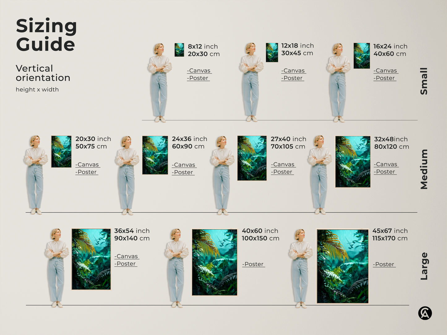 Sizing guide for vertical rainforest canvas art. Available in small medium and large sizes. This emerald fern and palm canvas print is perfect for any space. Choose the size that fits your organic modern home decor needs.