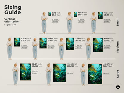 Sizing guide for vertical rainforest canvas art. Available in small medium and large sizes. This emerald fern and palm canvas print is perfect for any space. Choose the size that fits your organic modern home decor needs.