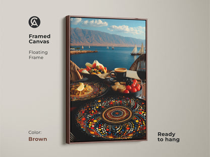 Framed canvas art featuring a Mediterranean seascape. A floating frame adds to the charm. Folk art displays sailboats and a fruit platter. This red and blue artwork with mandala details is perfect for creating an artistic cafe or kitchen space ready to hang.